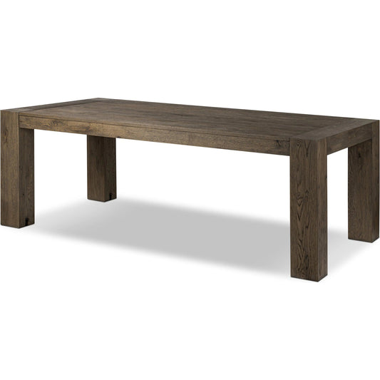 Coralie Extension Dining Table by Four Hands in brown oak veneer, brushed brass. Made from thick oak veneer, iron in a transitional style.