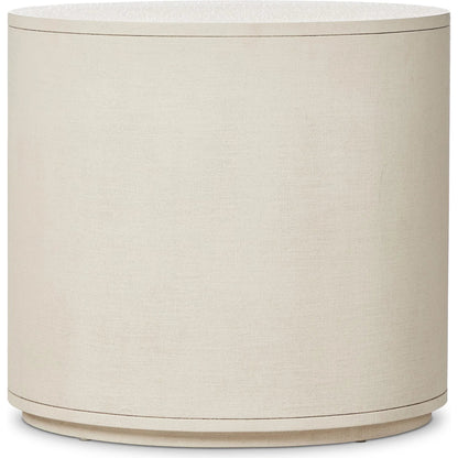 Amelia Oval Nightstand by Four Hands in ivory painted linen. Made from painted linen in a transitional style.