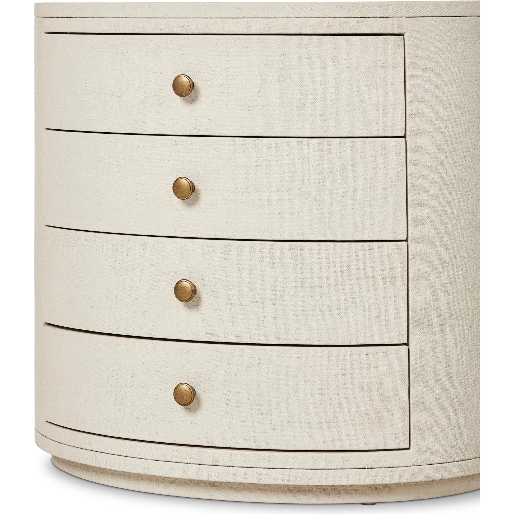 Amelia Oval Nightstand by Four Hands in ivory painted linen. Made from painted linen in a transitional style.