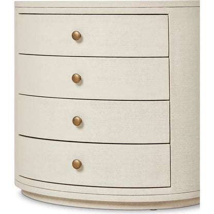 Amelia Oval Nightstand by Four Hands in ivory painted linen. Made from painted linen in a transitional style.
