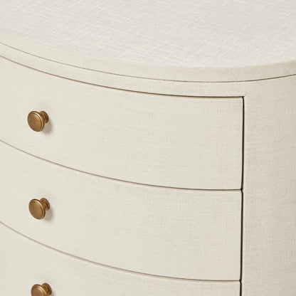 Amelia Oval Nightstand by Four Hands in ivory painted linen. Made from painted linen in a transitional style.