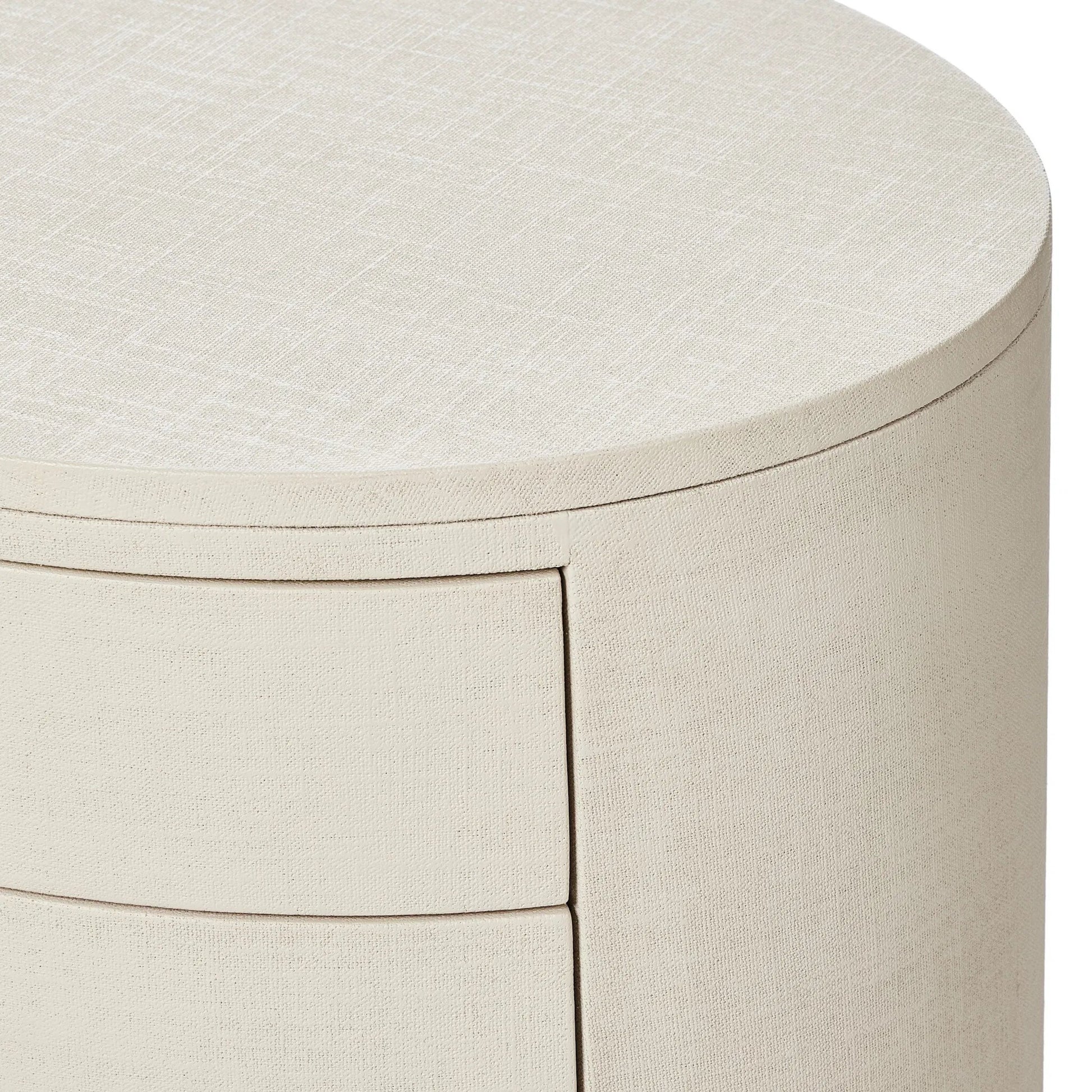Amelia Oval Nightstand by Four Hands in ivory painted linen. Made from painted linen in a transitional style.