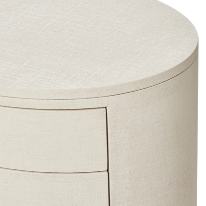 Amelia Oval Nightstand by Four Hands in ivory painted linen. Made from painted linen in a transitional style.