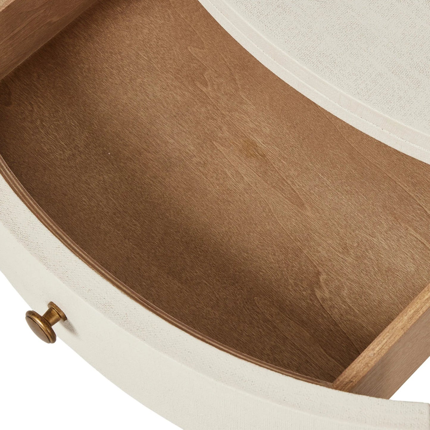 011 SI-2377029 | Closeup | Amelia Oval Nightstand by Four Hands in ivory painted linen. Made from painted linen in a transitional style.