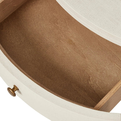 Amelia Oval Nightstand by Four Hands in ivory painted linen. Made from painted linen in a transitional style.