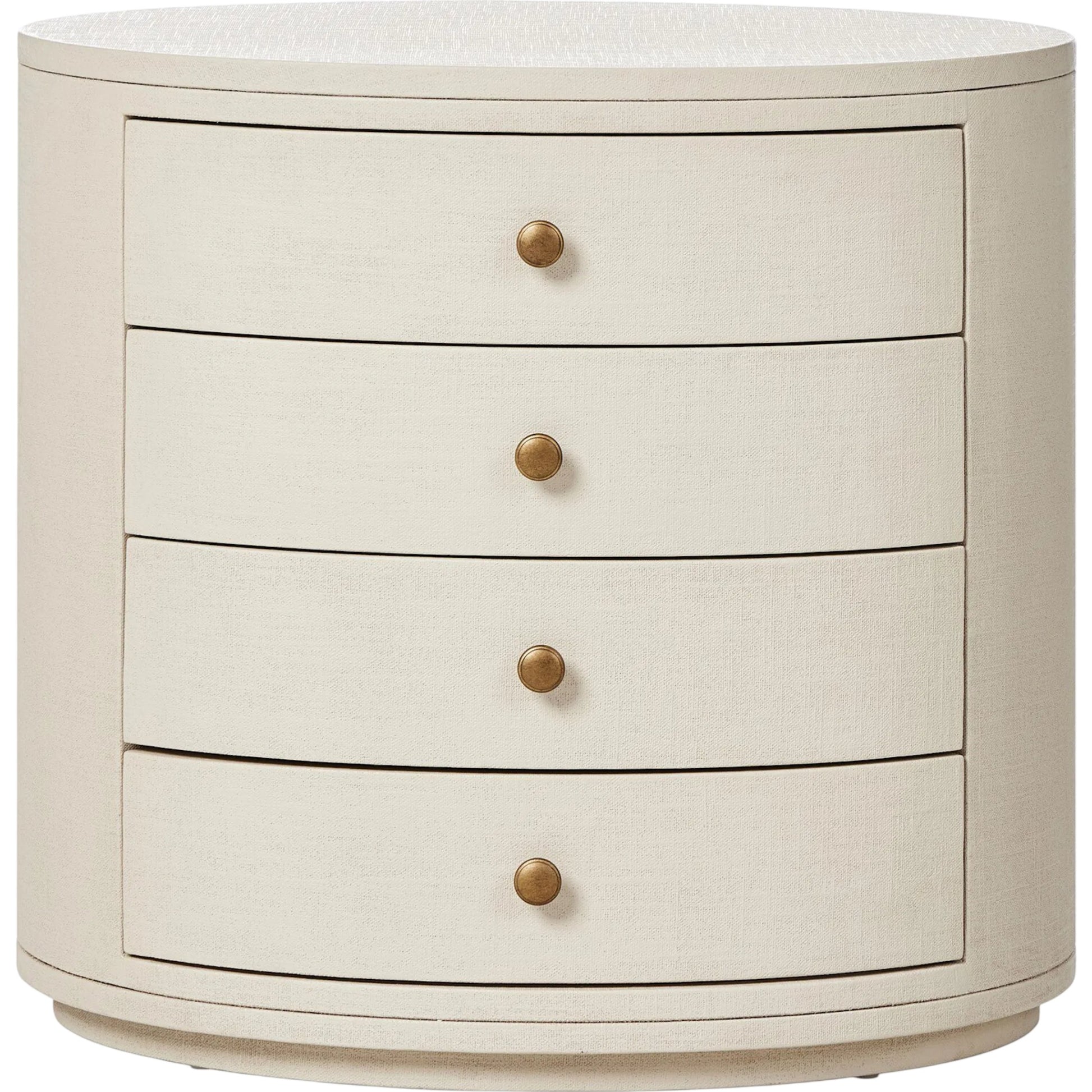 Amelia Oval Nightstand by Four Hands in ivory painted linen. Made from painted linen in a transitional style.