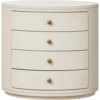 Amelia Oval Nightstand by Four Hands in ivory painted linen. Made from painted linen in a transitional style.