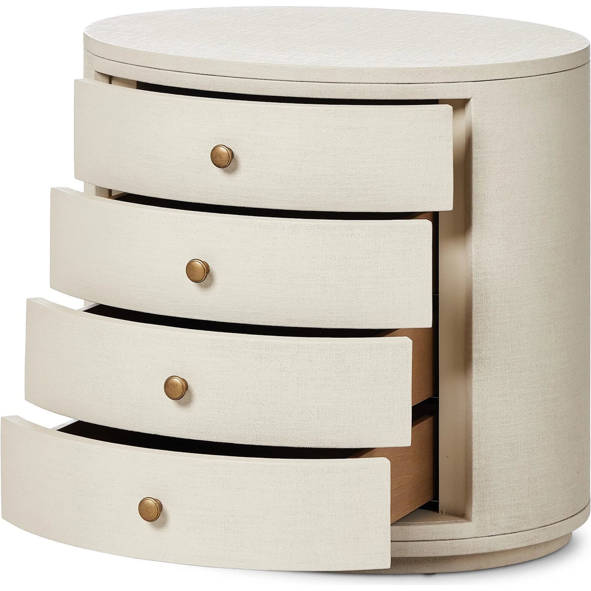 Amelia Oval Nightstand by Four Hands in ivory painted linen. Made from painted linen in a transitional style.