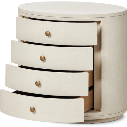 Amelia Oval Nightstand by Four Hands in ivory painted linen. Made from painted linen in a transitional style.