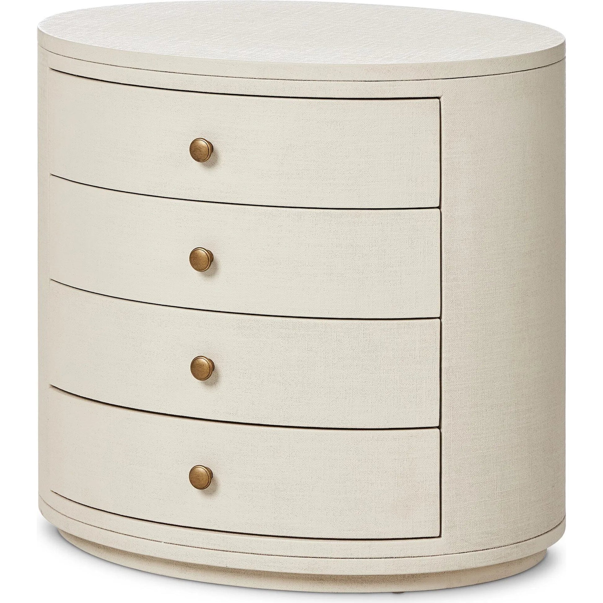 Amelia Oval Nightstand by Four Hands in ivory painted linen. Made from painted linen in a transitional style.