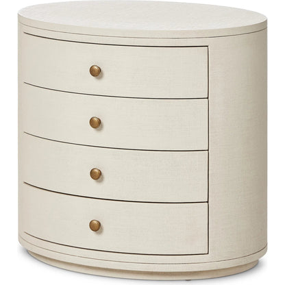 Amelia Oval Nightstand by Four Hands in ivory painted linen. Made from painted linen in a transitional style.