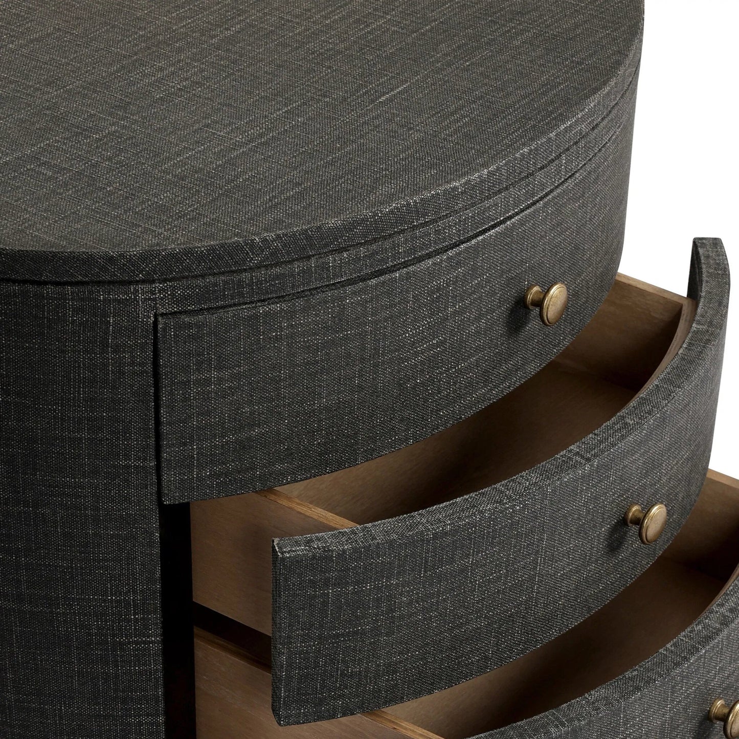 019 SI-2519072 | Closeup | Amelia Oval Nightstand by Four Hands. Made from painted linen in a transitional style.