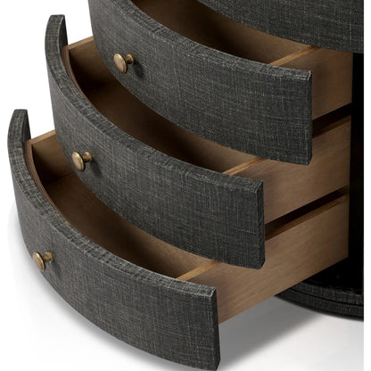 Amelia Oval Nightstand by Four Hands in ivory painted linen. Made from painted linen in a transitional style.