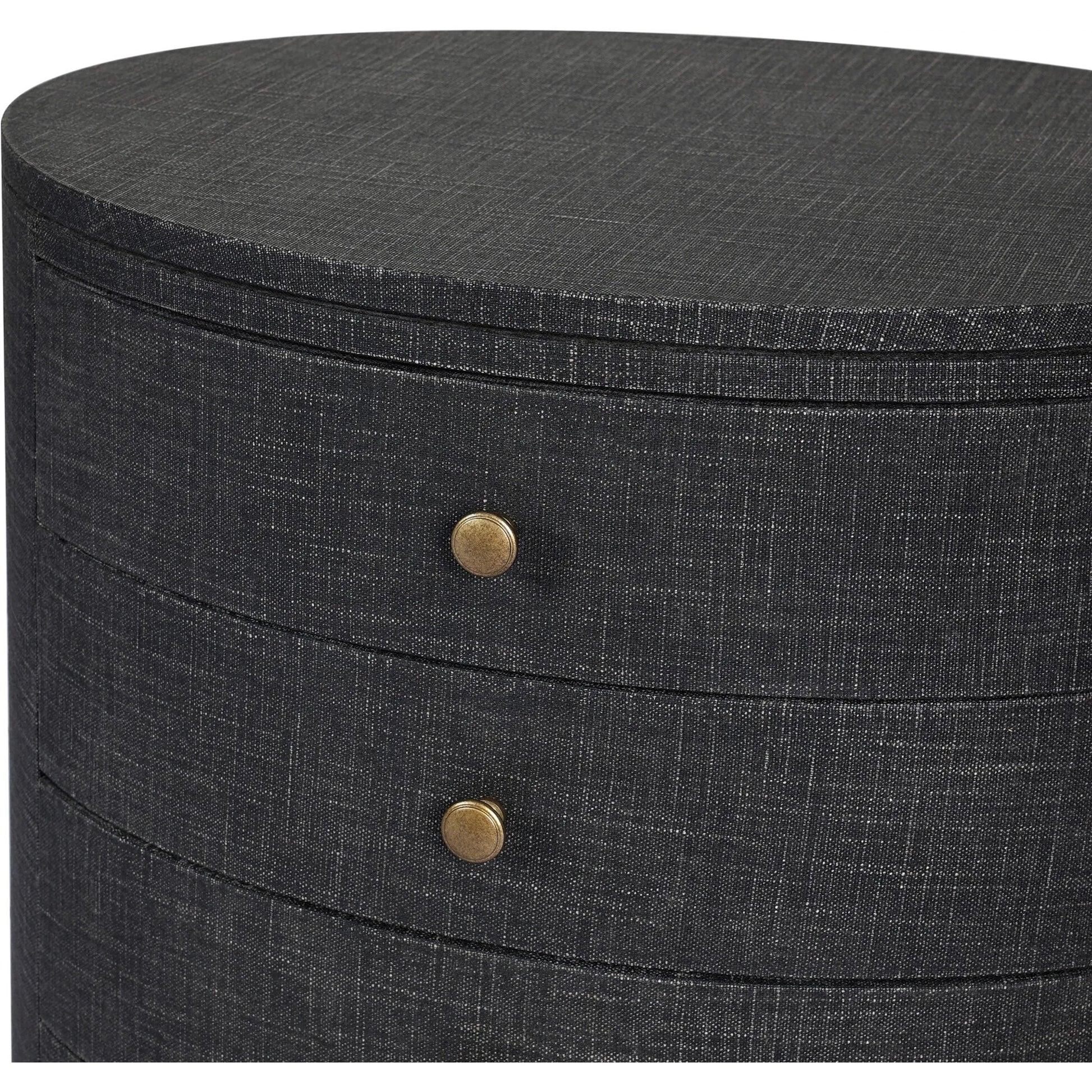 Amelia Oval Nightstand by Four Hands in ivory painted linen. Made from painted linen in a transitional style.