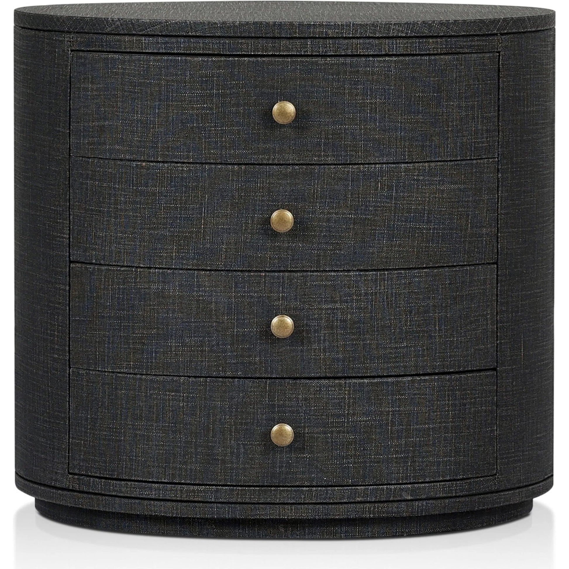 Amelia Oval Nightstand by Four Hands in ivory painted linen. Made from painted linen in a transitional style.