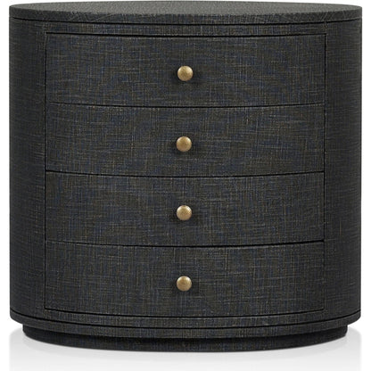 Amelia Oval Nightstand by Four Hands in ivory painted linen. Made from painted linen in a transitional style.