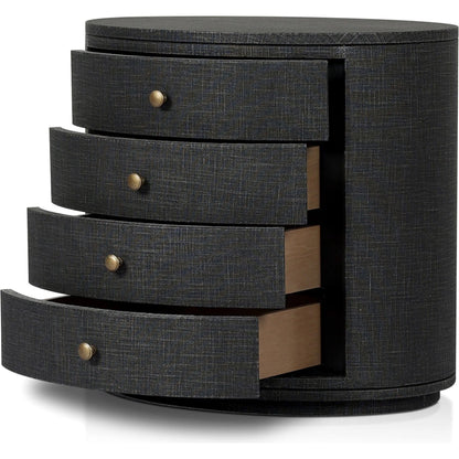 Amelia Oval Nightstand by Four Hands in ivory painted linen. Made from painted linen in a transitional style.