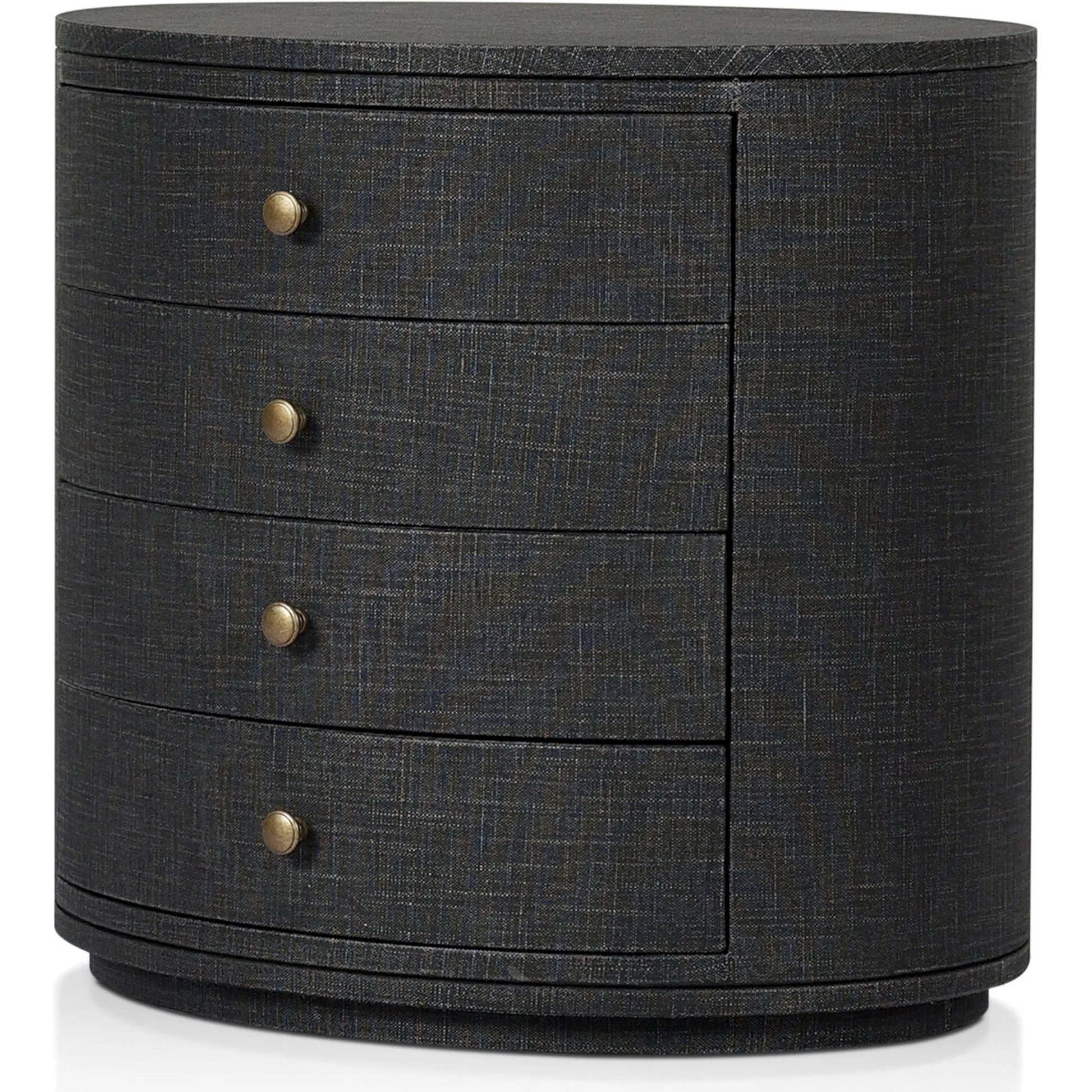 Amelia Oval Nightstand by Four Hands in ivory painted linen. Made from painted linen in a transitional style.