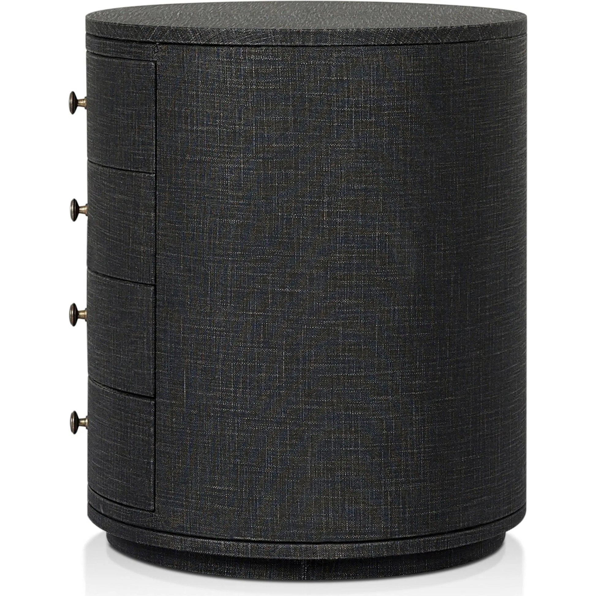 Amelia Oval Nightstand by Four Hands in ivory painted linen. Made from painted linen in a transitional style.