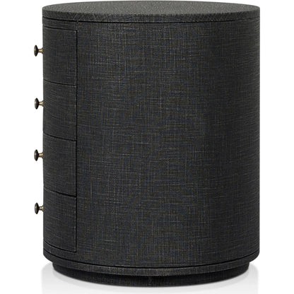 Amelia Oval Nightstand by Four Hands in ivory painted linen. Made from painted linen in a transitional style.