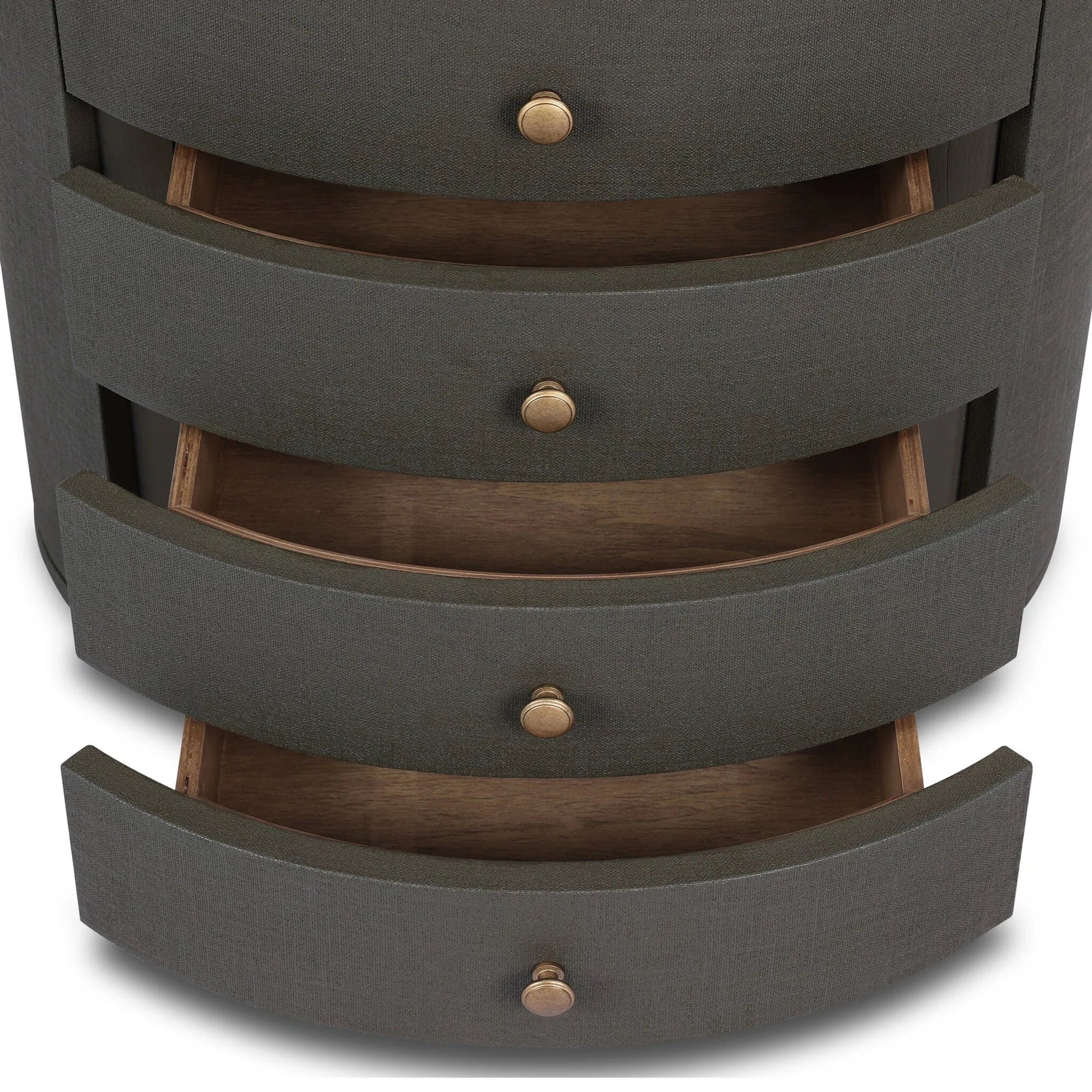 Amelia Oval Nightstand by Four Hands in ivory painted linen. Made from painted linen in a transitional style.