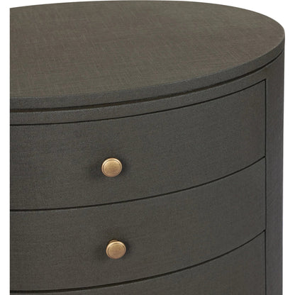 Amelia Oval Nightstand by Four Hands in ivory painted linen. Made from painted linen in a transitional style.