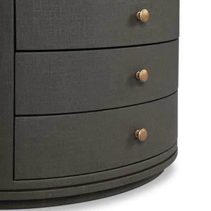 Amelia Oval Nightstand by Four Hands in ivory painted linen. Made from painted linen in a transitional style.
