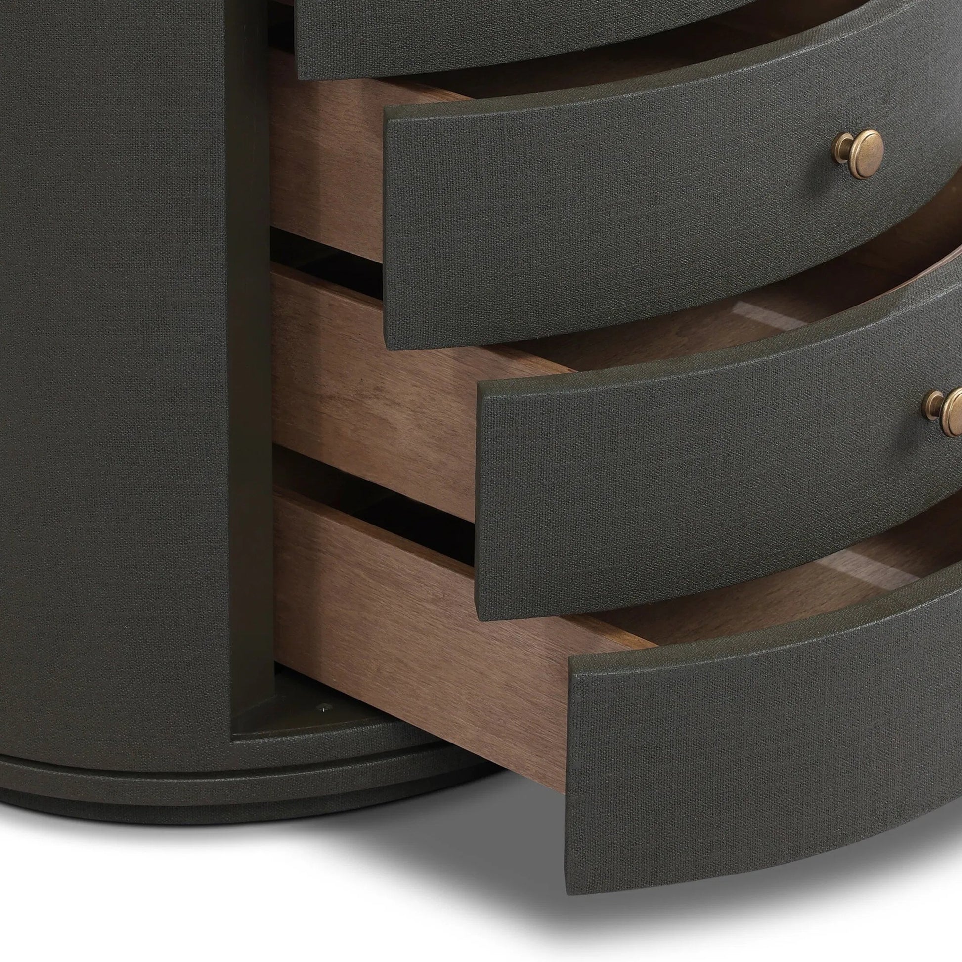 Amelia Oval Nightstand by Four Hands in ivory painted linen. Made from painted linen in a transitional style.