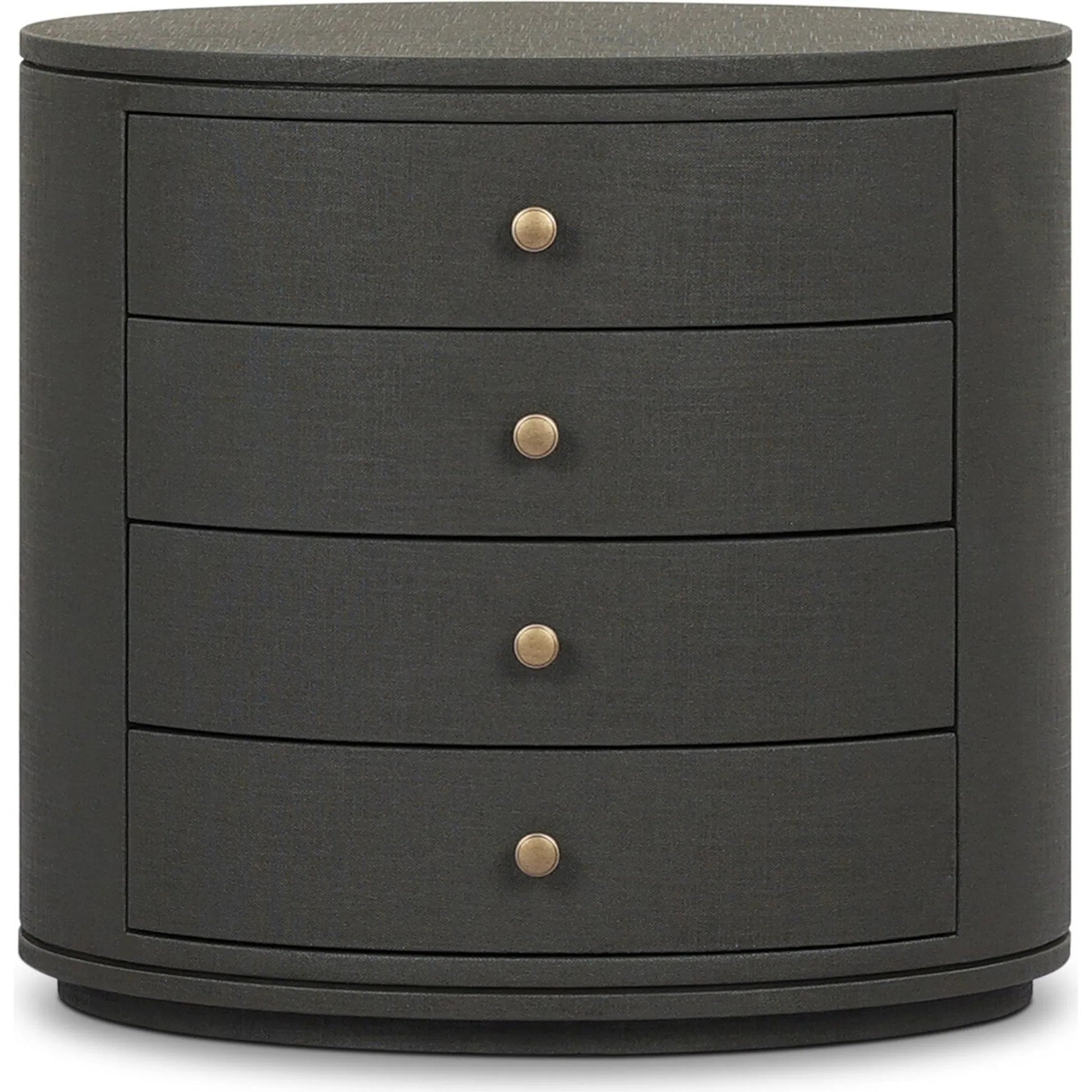 Amelia Oval Nightstand by Four Hands in ivory painted linen. Made from painted linen in a transitional style.