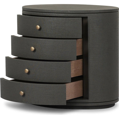 Amelia Oval Nightstand by Four Hands in ivory painted linen. Made from painted linen in a transitional style.