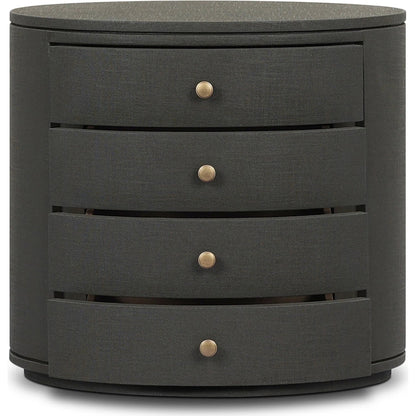 Amelia Oval Nightstand by Four Hands in ivory painted linen. Made from painted linen in a transitional style.