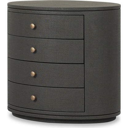 Amelia Oval Nightstand by Four Hands in ivory painted linen. Made from painted linen in a transitional style.