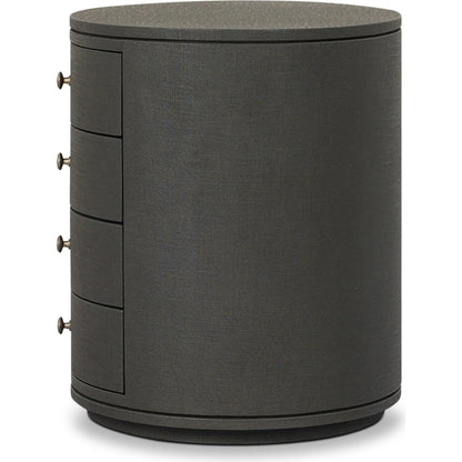 Amelia Oval Nightstand by Four Hands in ivory painted linen. Made from painted linen in a transitional style.