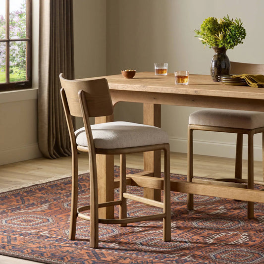 Terrance Counter Stool by Four Hands in thames cream, amber ash, amber ash veneer. Made from 66% polyester, 19% acrylic, 15% flax/linen, solid ash, ash veneer in a unique style.