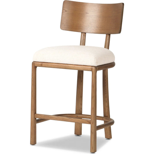 Terrance Counter Stool by Four Hands in thames cream, amber ash, amber ash veneer. Made from 66% polyester, 19% acrylic, 15% flax/linen, solid ash, ash veneer in a unique style.