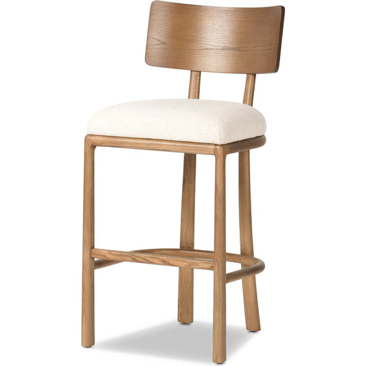 Terrance Bar Stool by Four Hands in thames cream, amber ash, amber ash veneer. Made from 66% polyester, 19% acrylic, 15% flax/linen, solid ash, ash veneer in a unique style.
