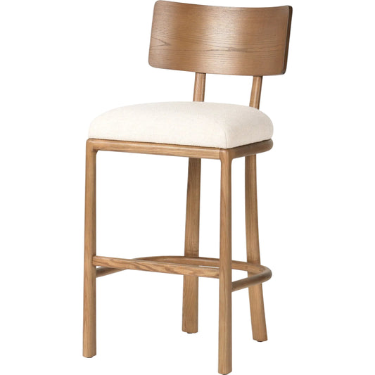 Terrance Bar Stool by Four Hands in thames cream, amber ash, amber ash veneer. Made from 66% polyester, 19% acrylic, 15% flax/linen, solid ash, ash veneer in a transitional style.