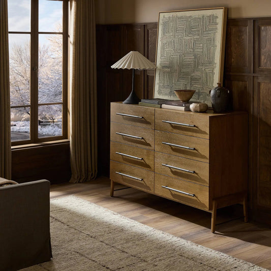 Rosedale 8 Drawer Dresser by Four Hands. Made from oak veneer, top grain leather in a unique style.