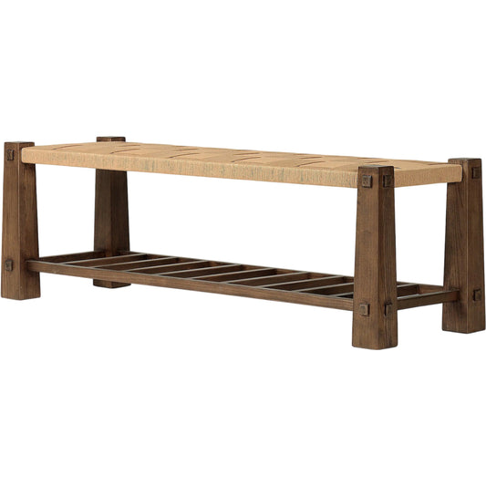 Malin Accent Bench by Four Hands in natural paper cord, fawn nettlewood. Made from rush, solid nettlewood in a unique style.