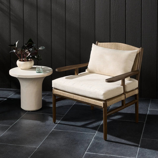 Herrin Outdoor Chair by Four Hands in liller flax, stained saddle brown, vintage white. Made from 96.27% polyester (uv), 3.73% post consumer recycled polyester, solid teak, 100% polyethylene in a unique style.