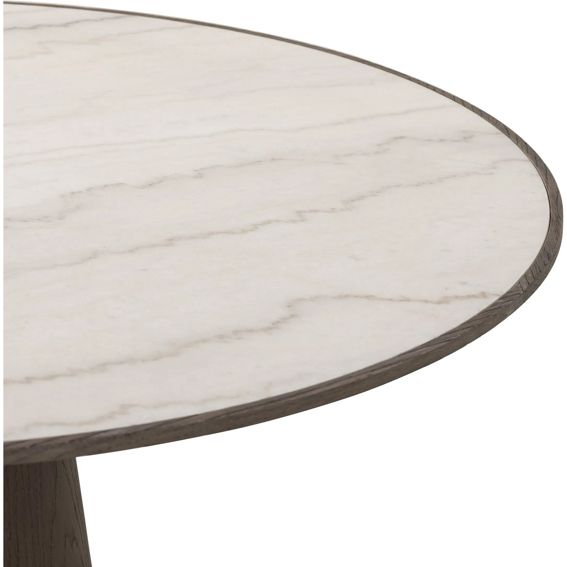 Skye Round Dining Table by Four Hands in white marble, weathered dark oak. Made from solid marble, solid oak in a cottage & farmhouse style.