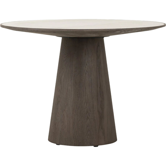 Skye Round Dining Table by Four Hands in white marble, weathered dark oak. Made from solid marble, solid oak in a cottage & farmhouse style.