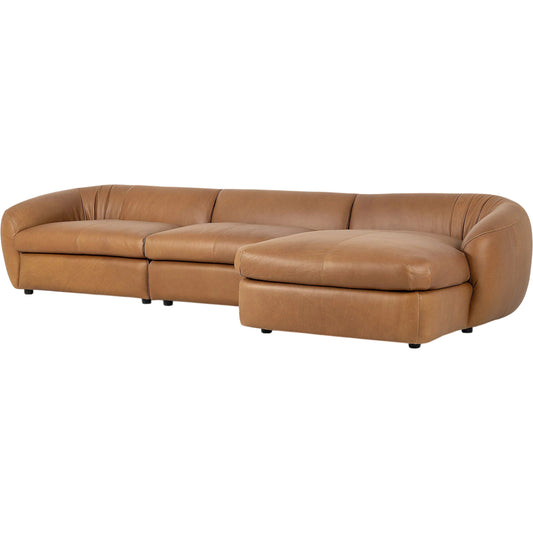Saldana 3-Piece Sectional W/Chaise by Four Hands in lorento cognac. Made from top grain leather in a traditional style.