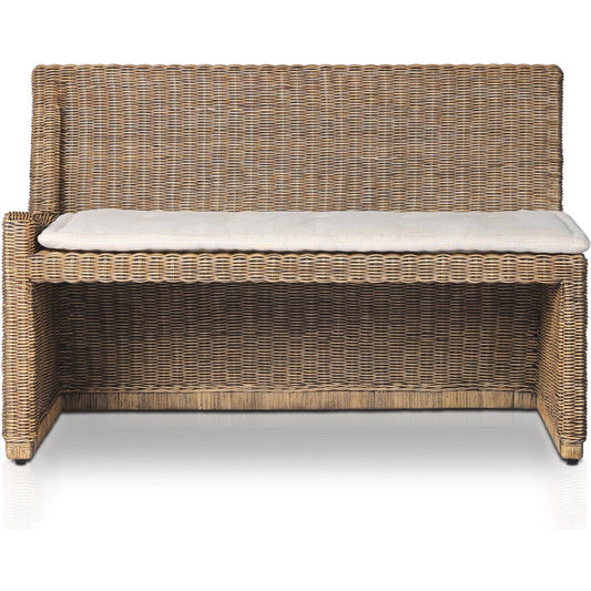 Senna Woven Dining Bench by Four Hands in broadway dune, natural brown rattan. Made from 100% flax/linen, rattan in a unique style.