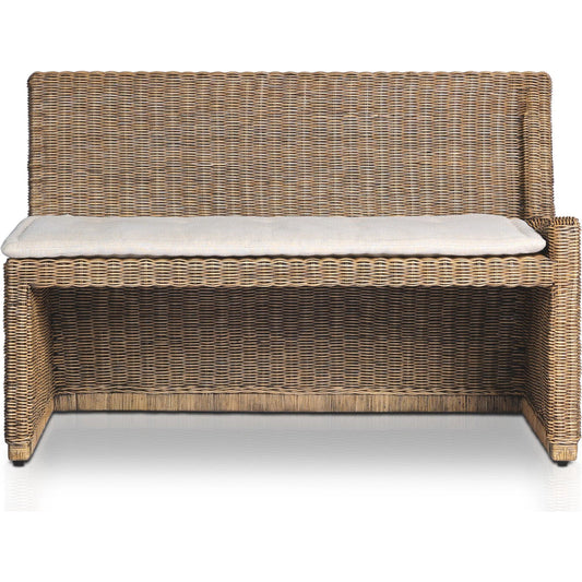 Senna Woven Dining Bench by Four Hands in broadway dune, natural brown rattan. Made from 100% flax/linen, rattan in a unique style.