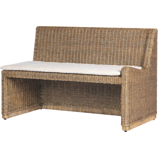 Senna Woven Dining Bench by Four Hands in broadway dune, natural brown rattan. Made from 100% flax/linen, rattan in a rustic style.