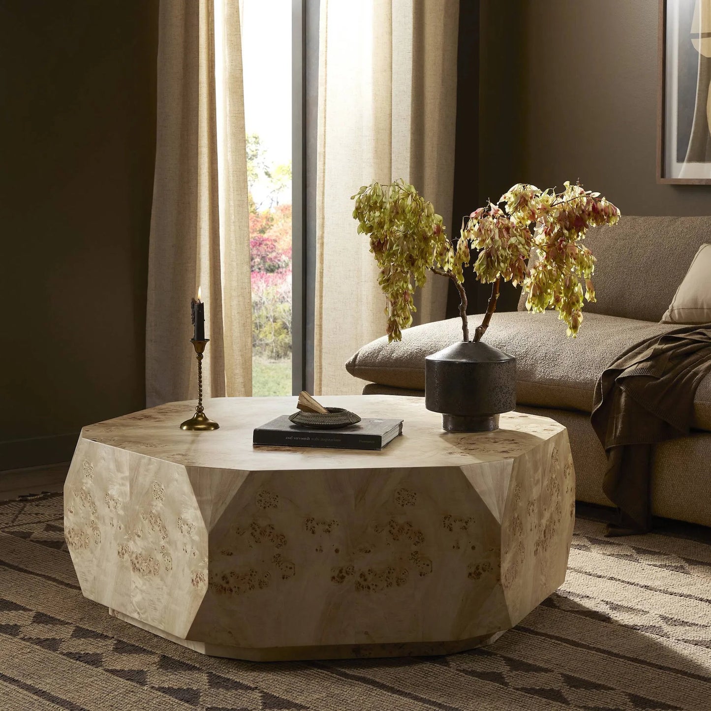 009 SI-2519157 | Lifestyle | Elena Coffee Table by Four Hands in light burl. Made from poplar burl veneer in a transitional style.