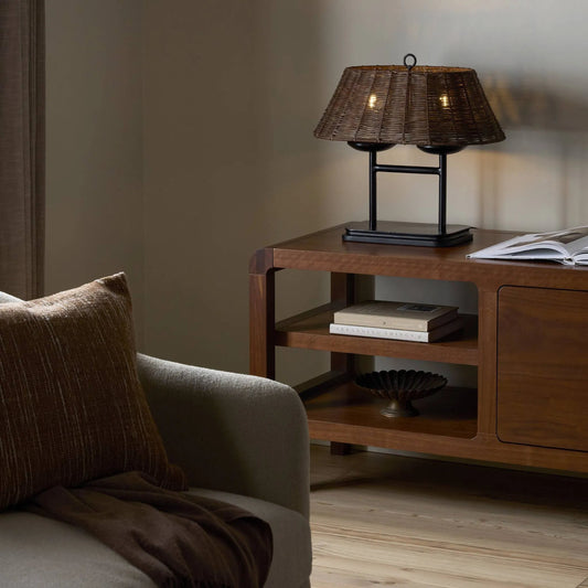 Harwick Table Lamp by Four Hands in jet black, brown rattan. Made from iron, rattan in a cottage & farmhouse style.