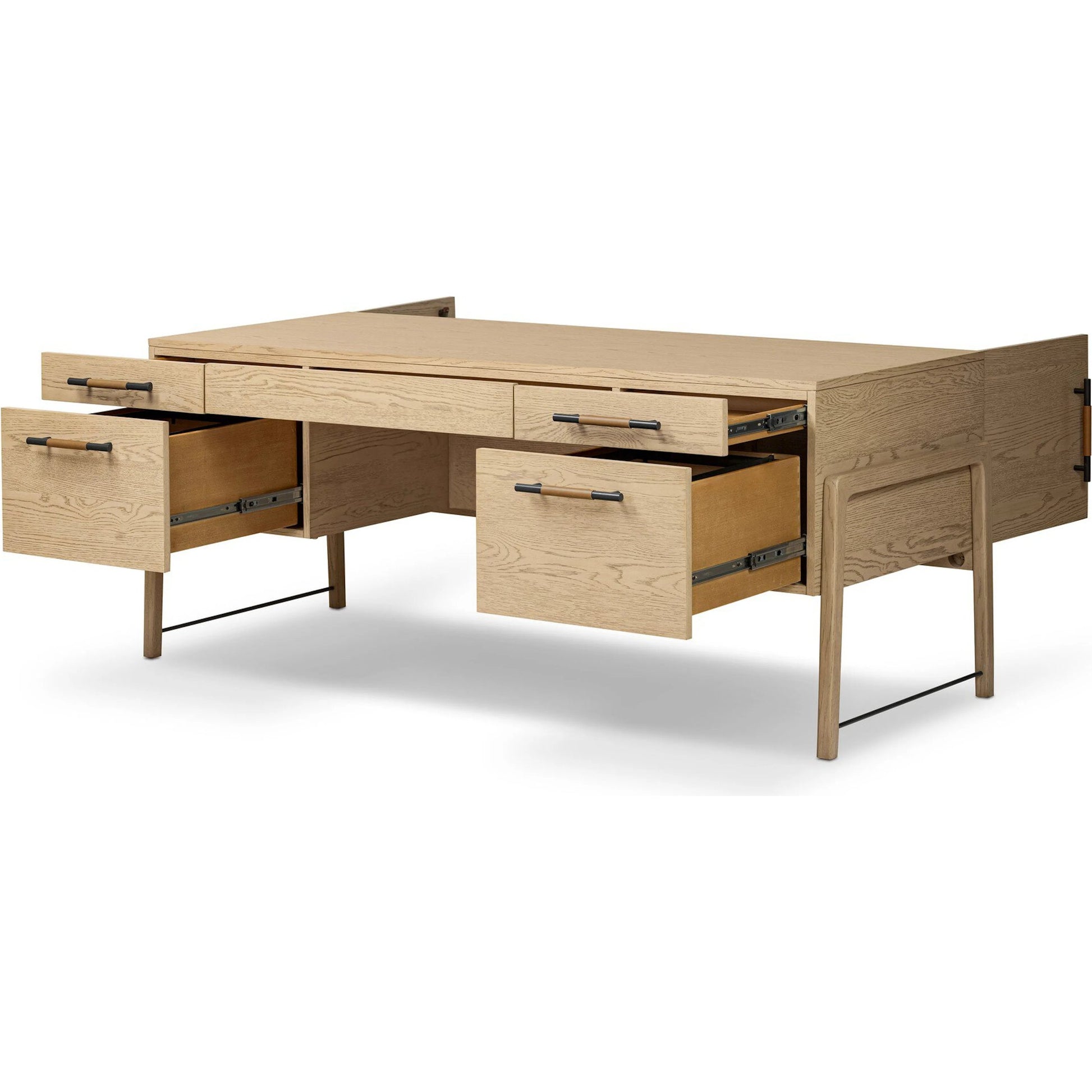 Rosedale Executive Desk by Four Hands. Made from oak veneer, top grain leather, solid oak in a unique style.