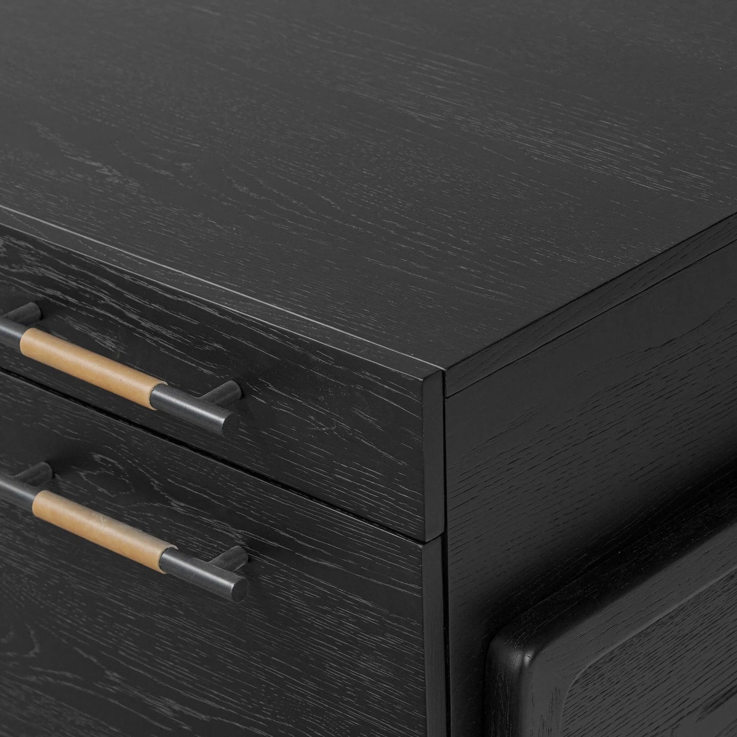 012 SI-2519284 | Closeup | Rosedale Executive Desk by Four Hands. Made from oak veneer, top grain leather, solid oak in a unique style.